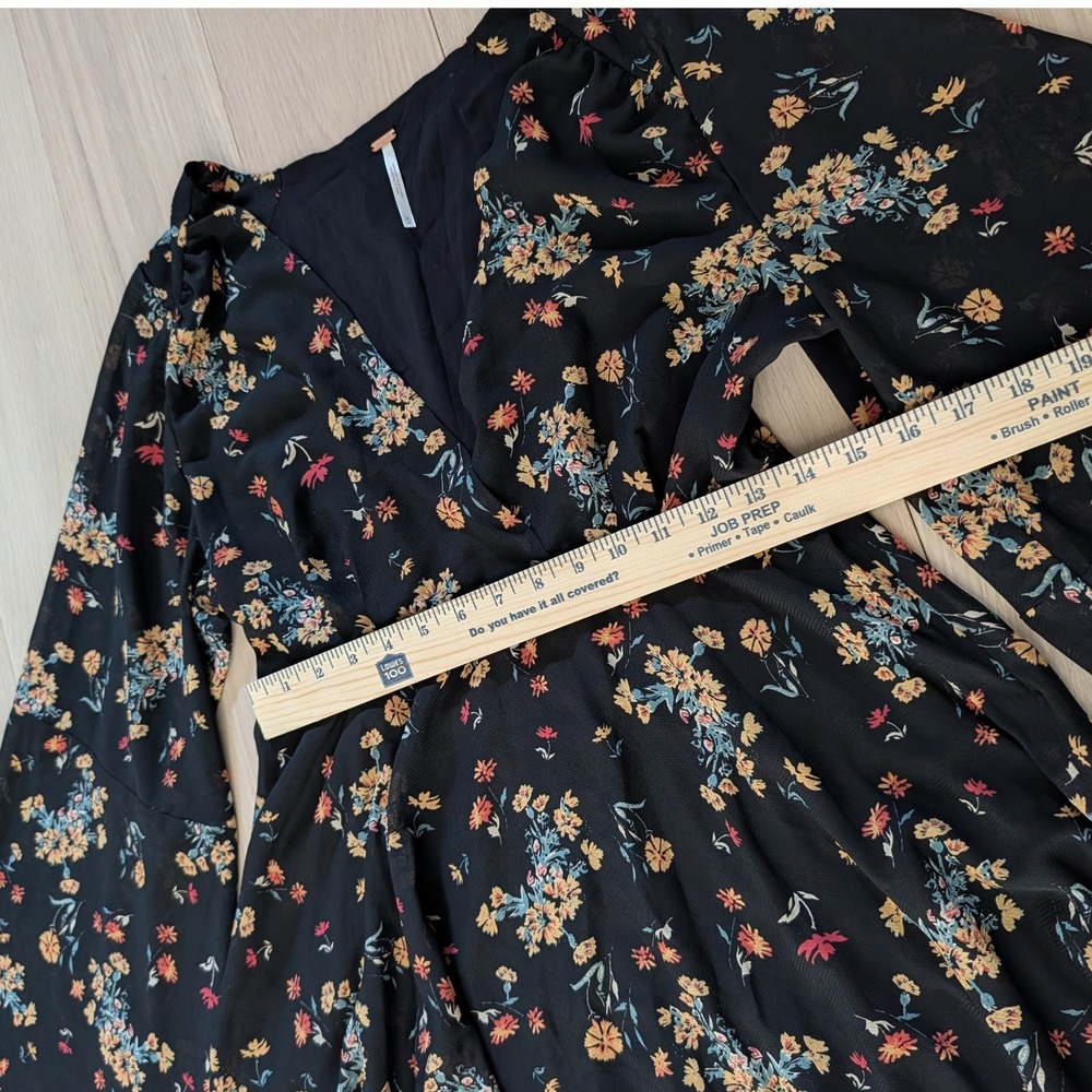 Free People Black Floral Long Sleeve Mini Dress Medium | Boho Romantic | Flowy - Picture 5 of 12